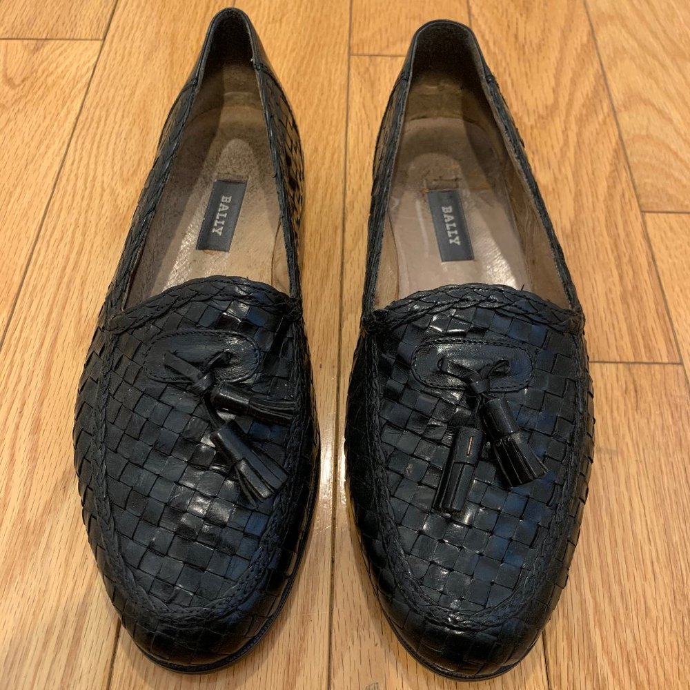 Bally Mens Weaved Black Leather Loafers w/ Tassle